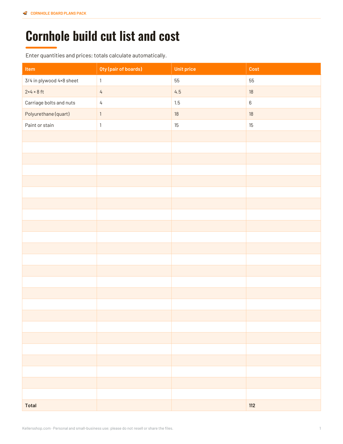 Preview of the first page of Cut list and cost (XLSX)